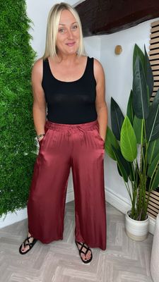 Silk Blend Wide Leg Trousers- Wine