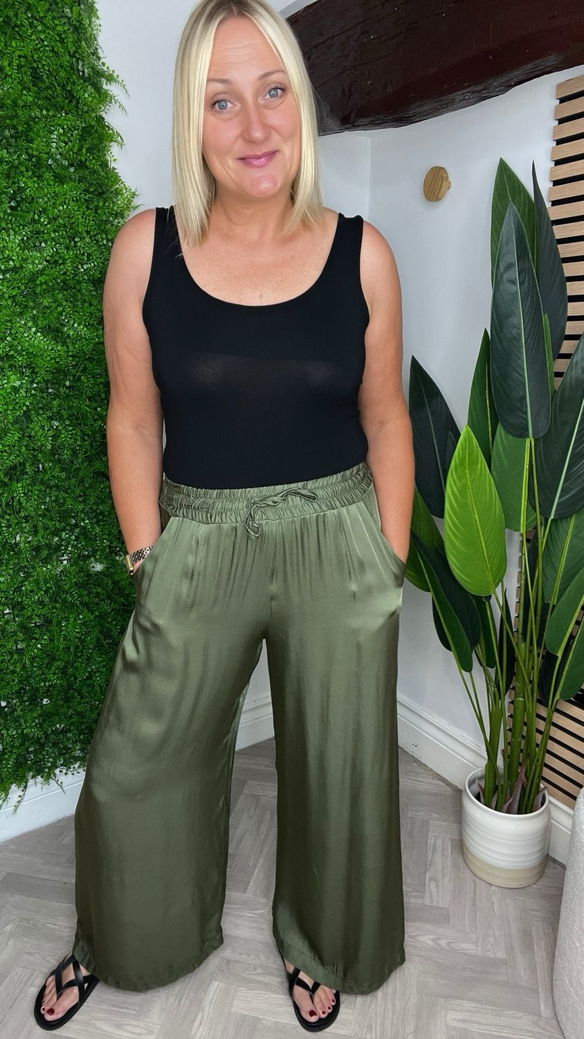 Silk Blend Wide Leg Trousers- Khaki