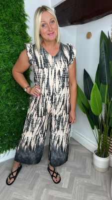 Abstract Frill Sleeve Jumpsuit - Black Mix