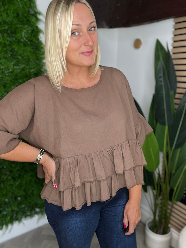 Frill Hem & Sleeves Top - Chocolate