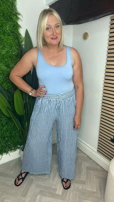Striped Wide Leg Trouser - Navy & Pale Blue