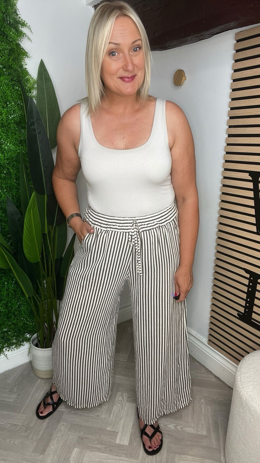 Striped Wide Leg Trouser - Chocolate & Ecru