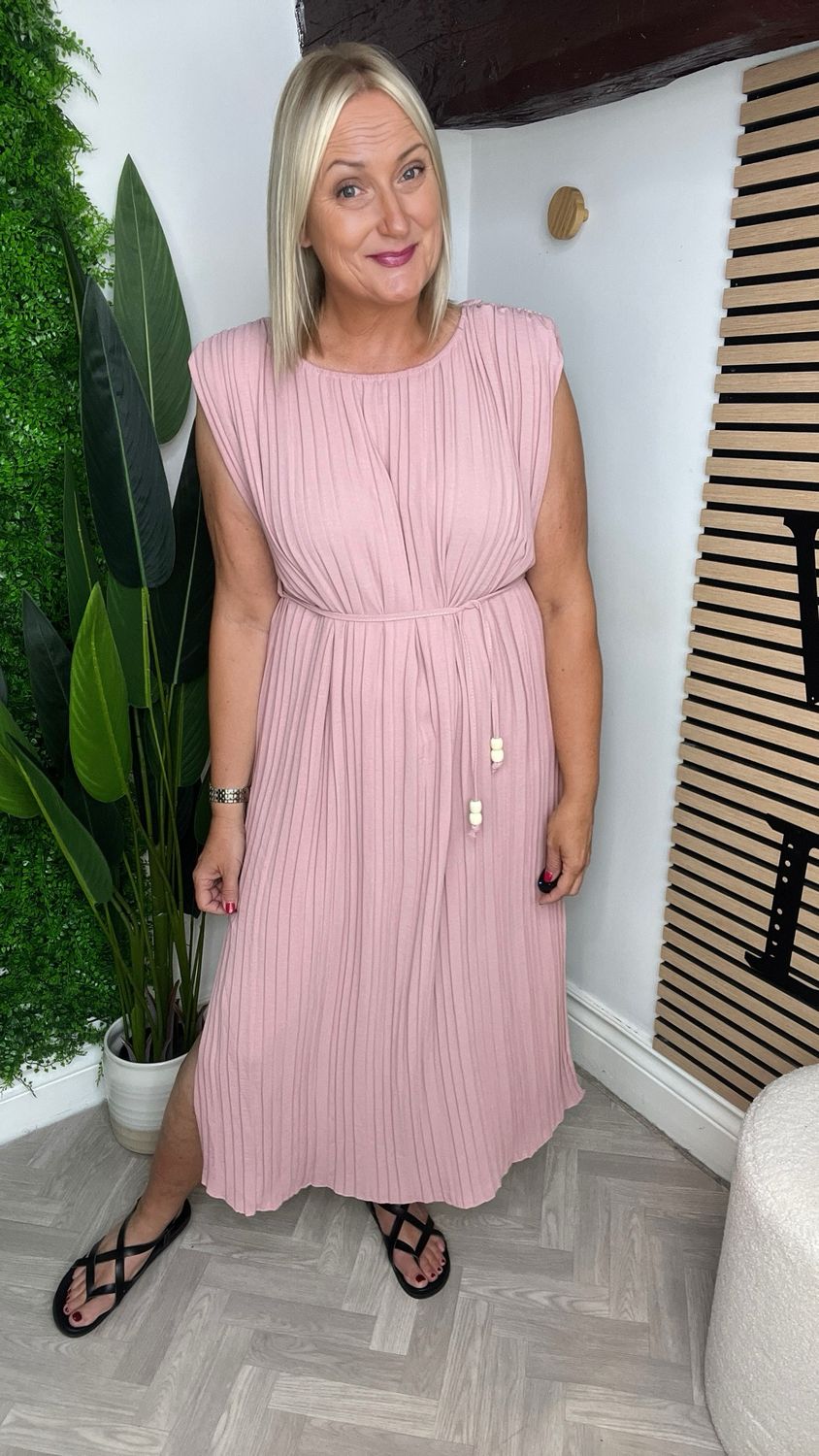 Pleat Column Dress With Tie Belt - Rose