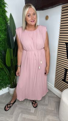 Pleat Column Dress With Tie Belt - Rose