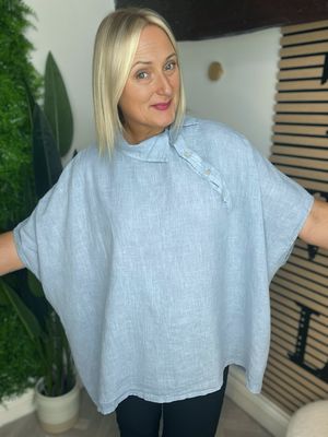 Collar & Button Detail Linen Blend Top - Blue