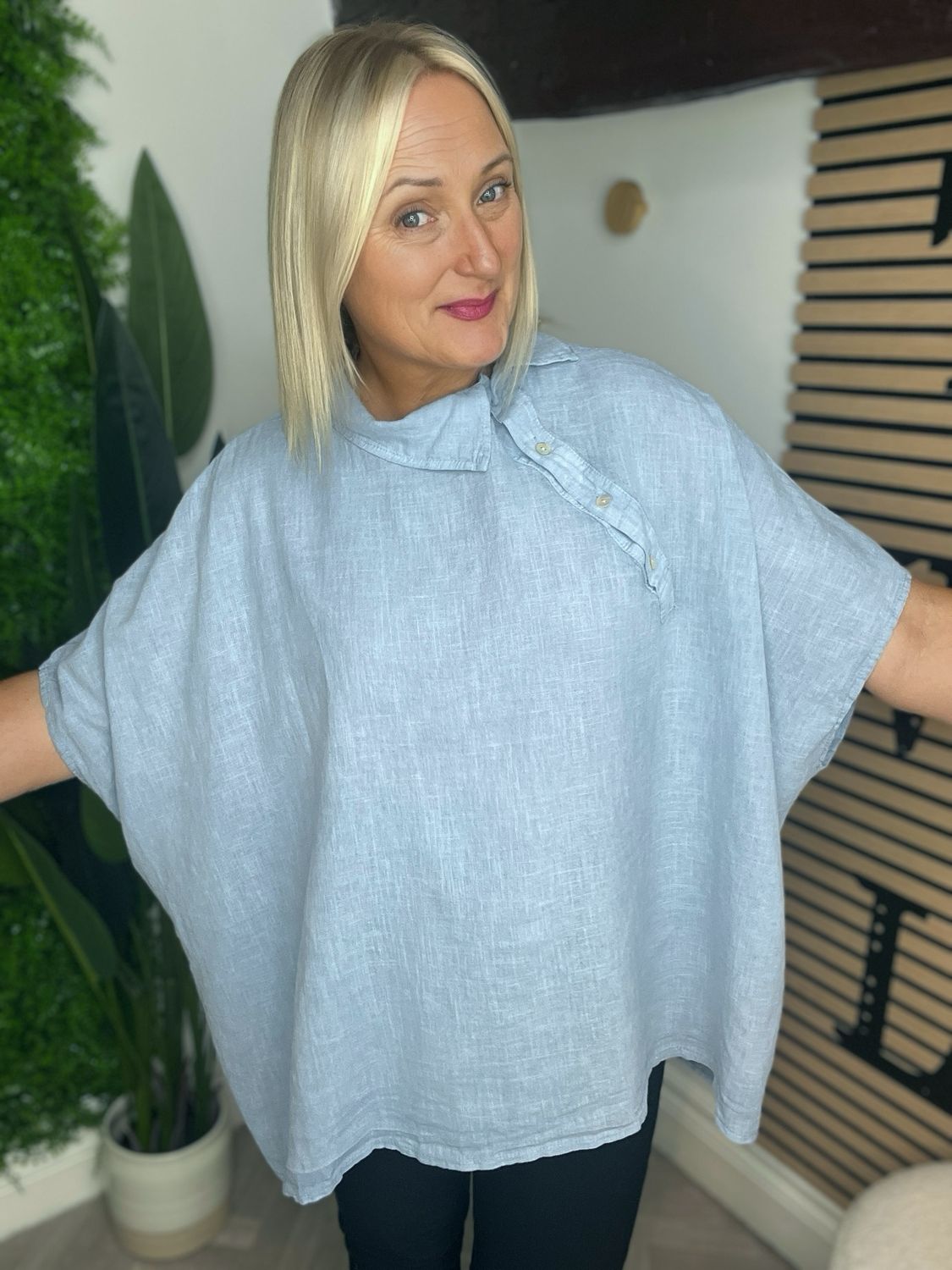 Collar & Button Detail Linen Blend Top - Blue