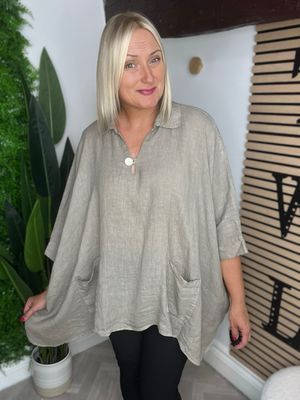 V Neck Button Detail Linen Blend Top - Taupe