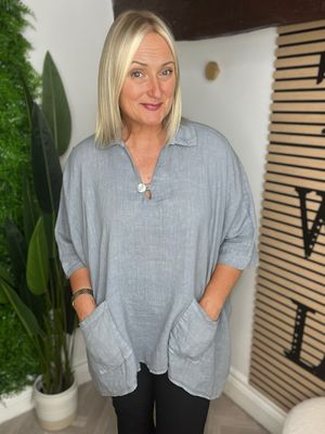 V Neck Button Detail Linen Blend Top - Blue/Grey