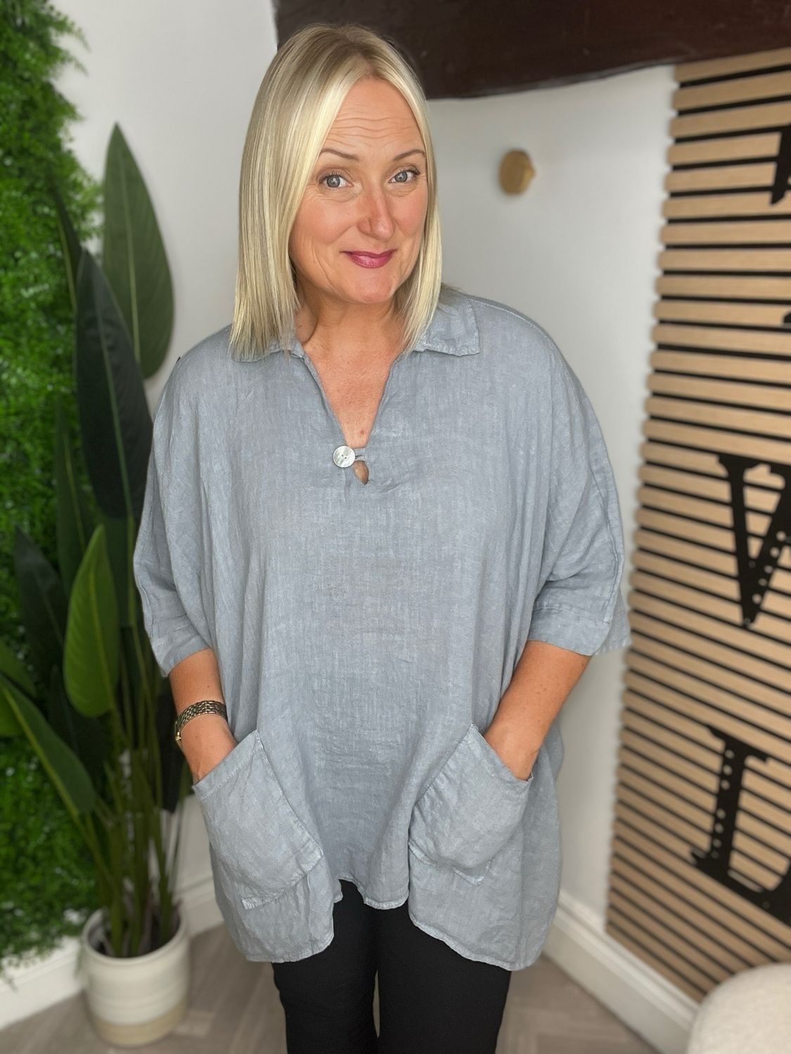 V Neck Button Detail Linen Blend Top - Blue/Grey