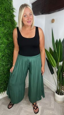 Palazzo Curved Hem Trousers - Forest Green