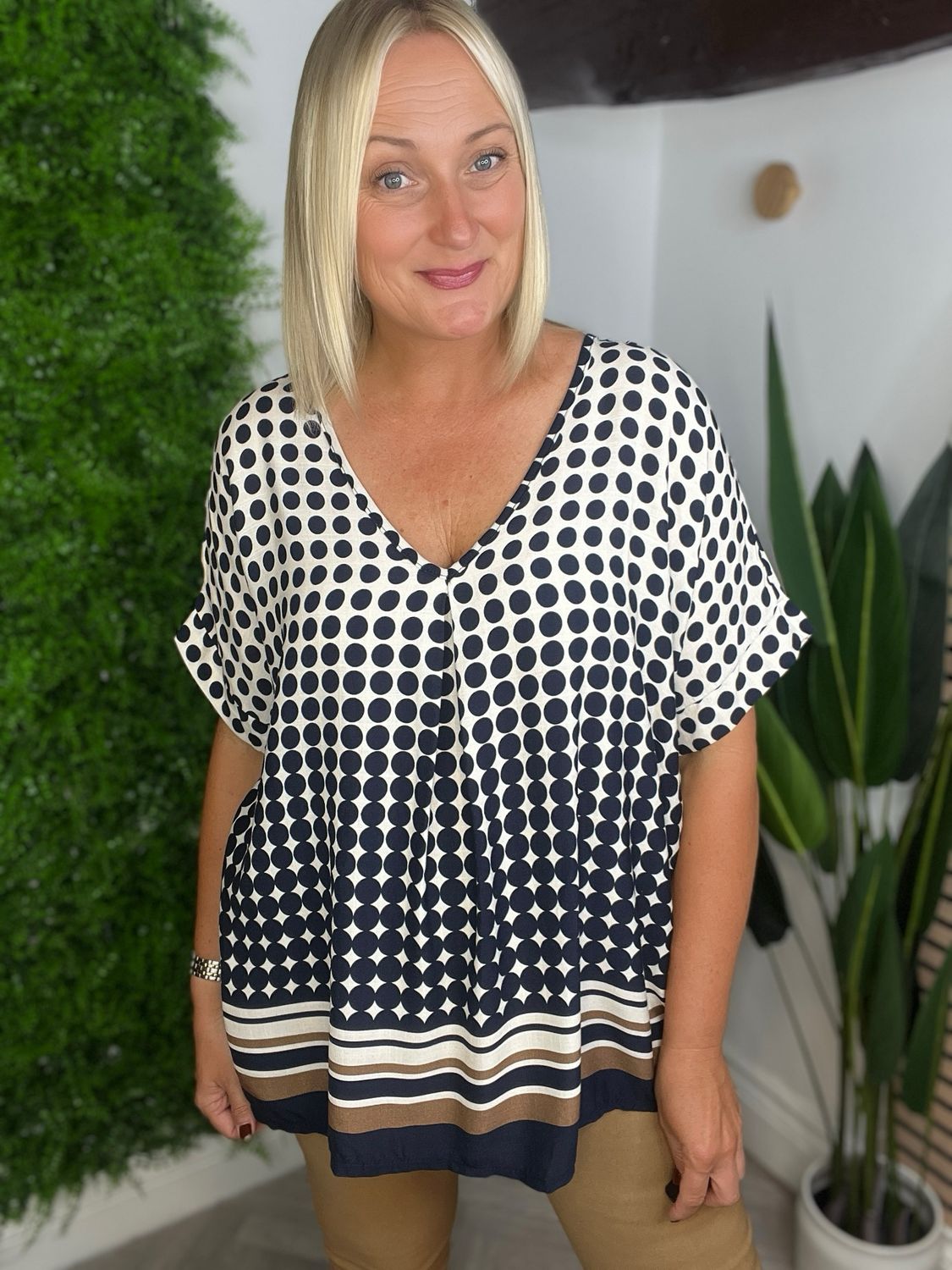 Dot & Stripe Top - Navy & Camel