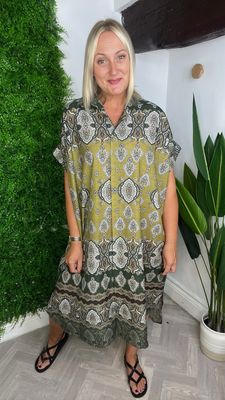 Paisley Shirt Dress/Throw On - Khaki Mix