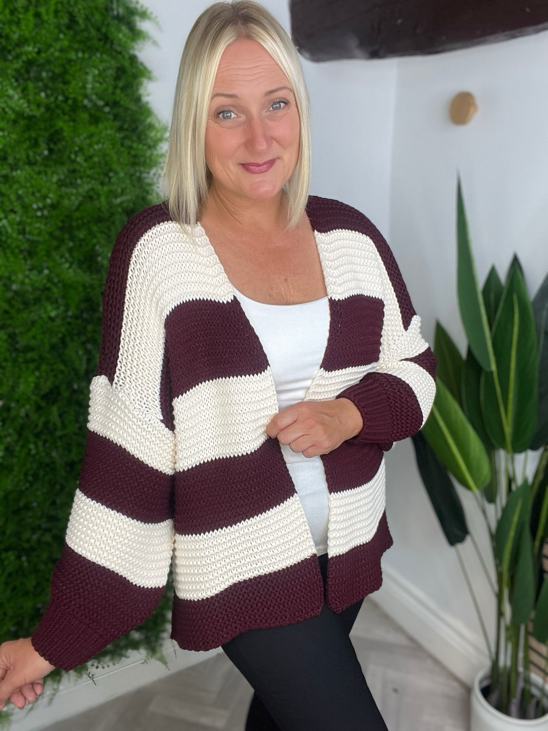Striped Edge To Edge Cardigan - Wine & Cream
