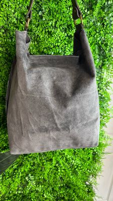 Real Suede Slouch Shoulder Bag - Grey