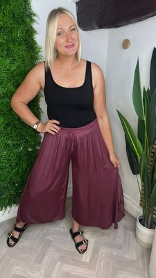 Palazzo Curved Hem Trousers - Wine