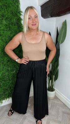 Silk Blend Wide Leg Trousers- Black