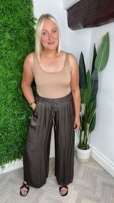 Silk Blend Wide Leg Trousers- Chocolate