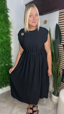 Broch Detail Side Tie Dress - Black