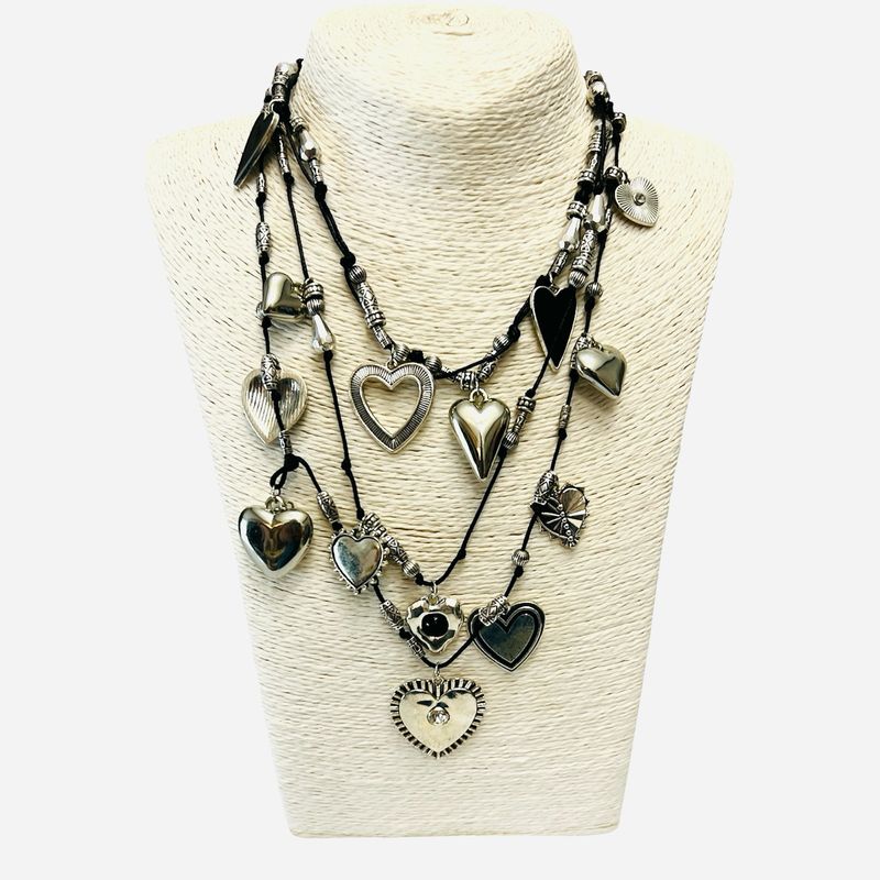 Triple Heart Necklace- Silver & Black