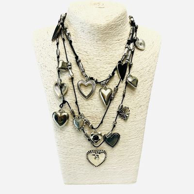 Triple Heart Necklace- Silver & Black