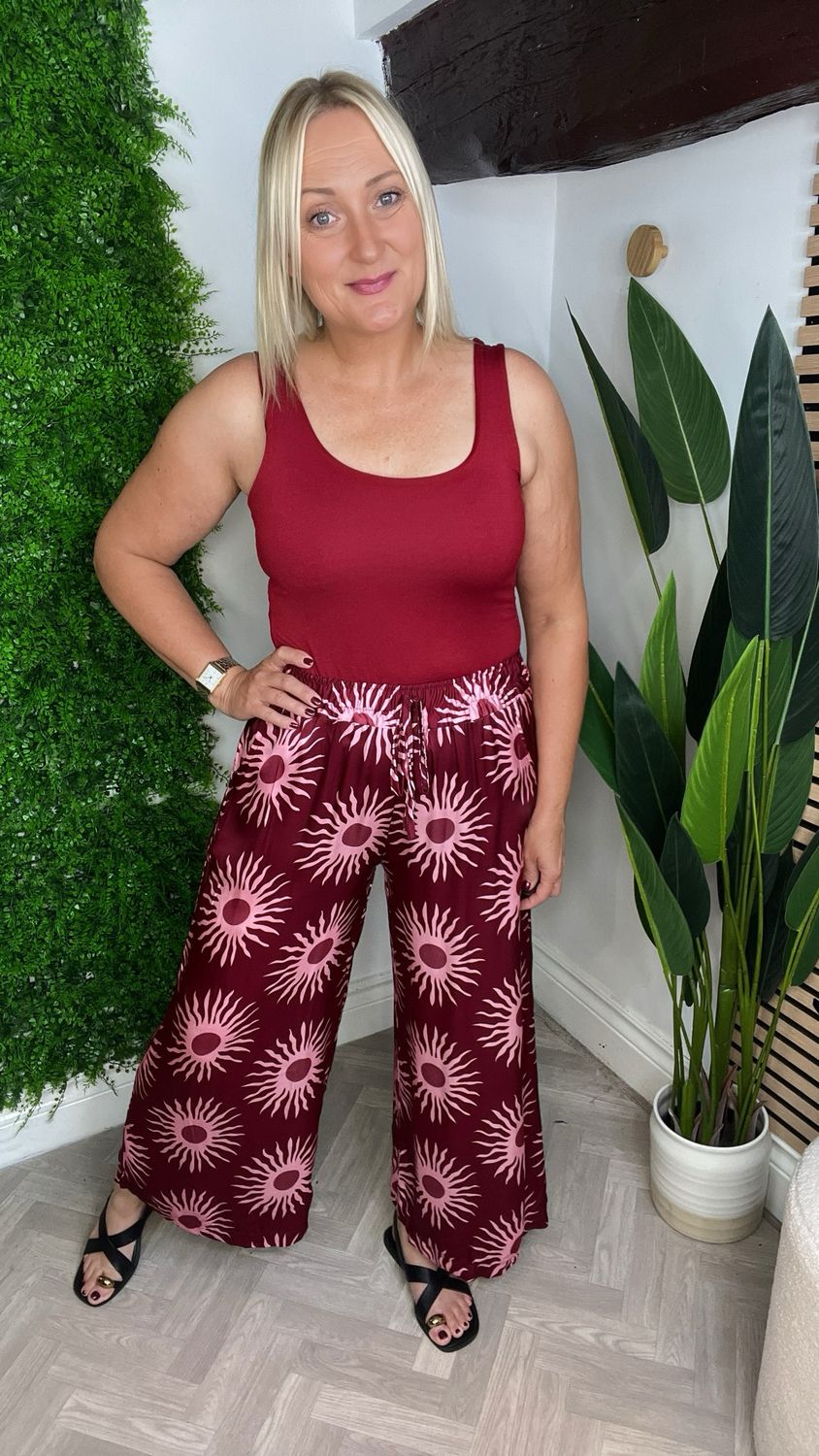 Sun Silk Blend Wide Leg Trousers - Wine