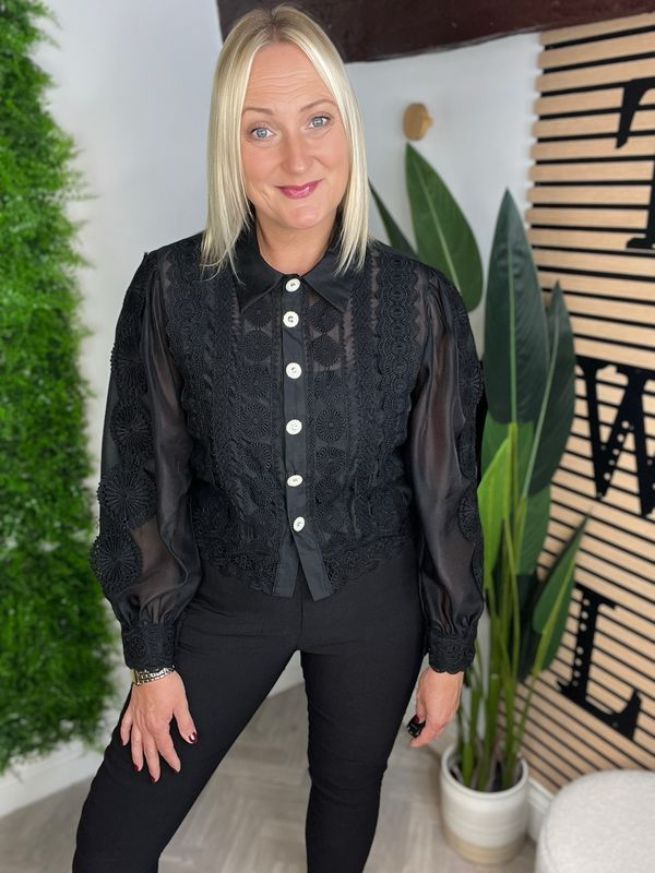 Diamanté Button Cropped Shirt - Black