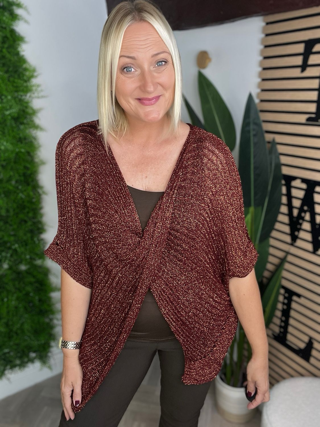 Shimmer Lurex Cross Front & Reversible Knit - Rust Shimmer Lurex Cross Front & Reversible Knit - Rust