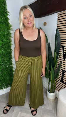 Striped Wide Leg Trouser - Lime & Chocolate