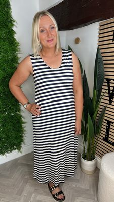 Column Dress With Pockets - Ecru & Navy