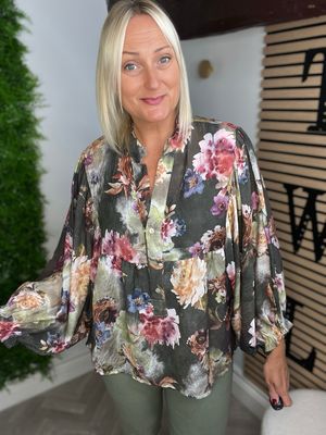 Floral Smock Blouse Shirt - Khaki Mix