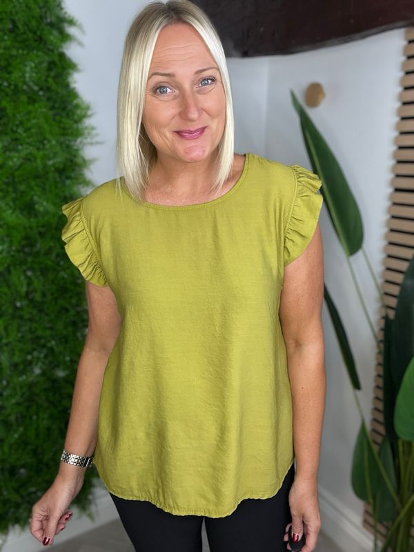 Frill Sleeve & Button Back Top - Olive Green ( SALE NONE RETURNABLE ) Frill Sleeve & Button Back Top - Olive Green ( SALE NONE RETURNABLE )