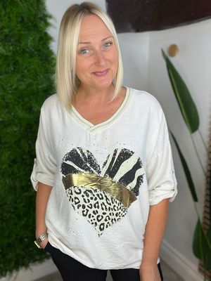 Animal Print Heart Top - Stone