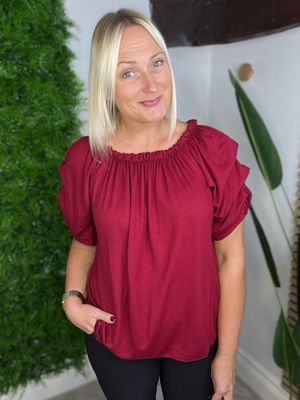 Ruched Detail Sleeve Top - Wine