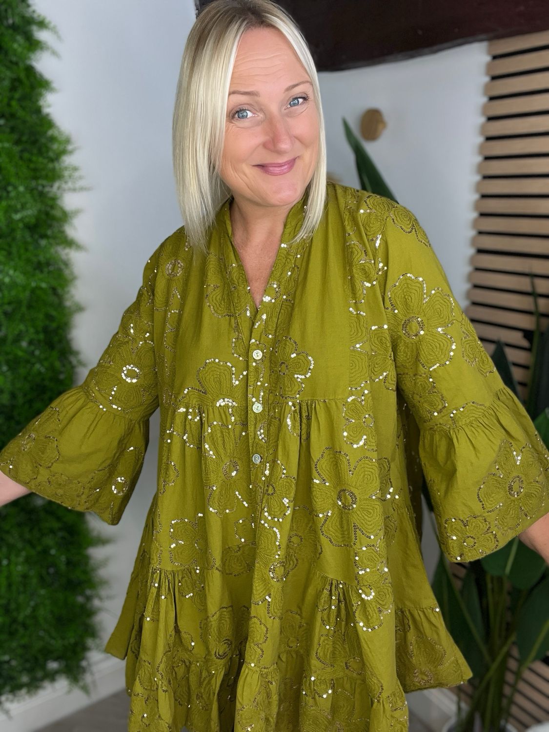 Flower Sequence Smock Top - Oliver Green Flower Sequence Smock Top - Oliver Green
