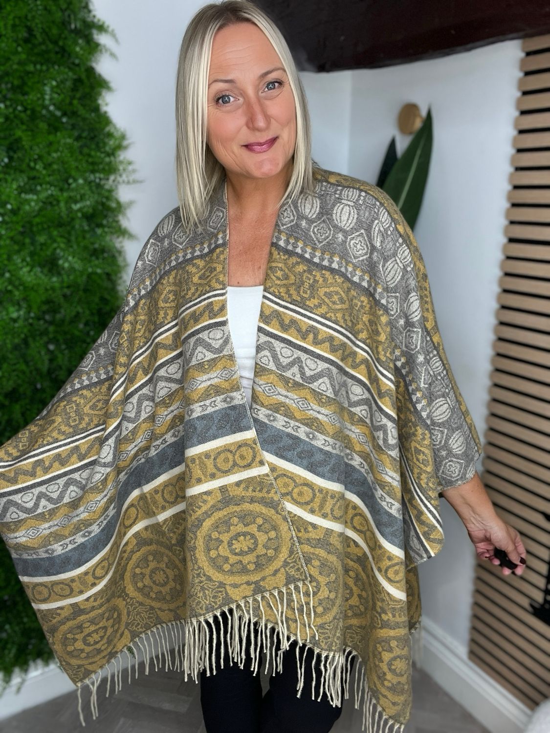 Stole With Fringed Hemline - Ochre Stole With Fringed Hemline - Ochre