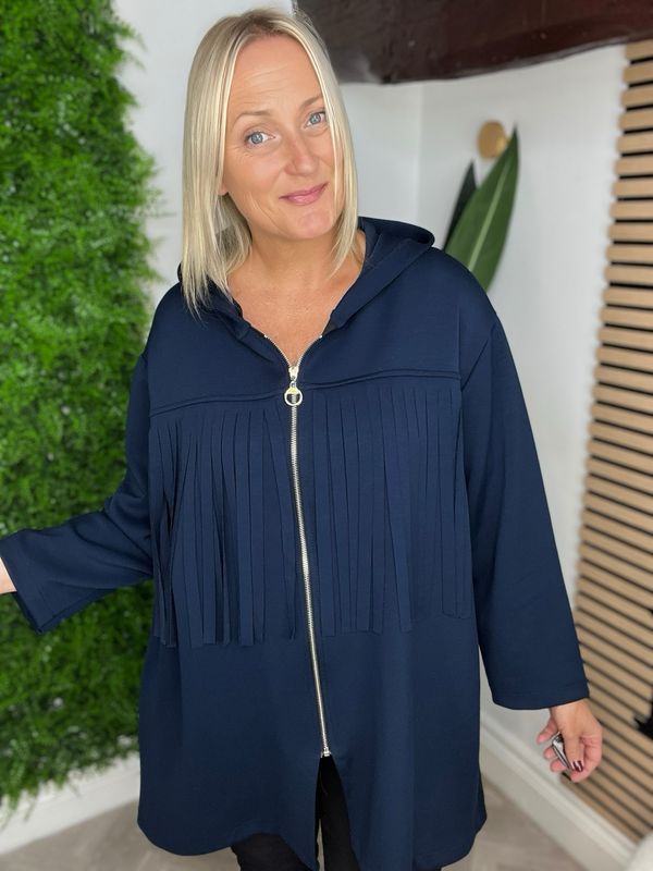 Hooded Fringe Zip Jacket - Navy