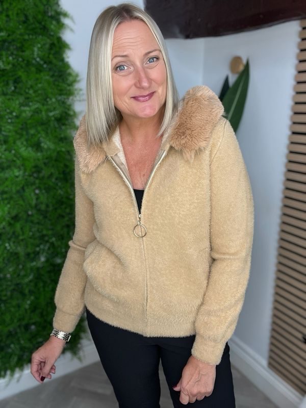 Eyelash Zip Faux Fur Hoodie- Camel