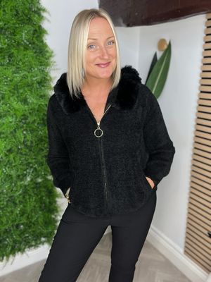 Eyelash Zip Faux Fur Hoodie- Black