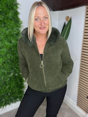 Eyelash Zip Faux Fur Hoodie- Khaki