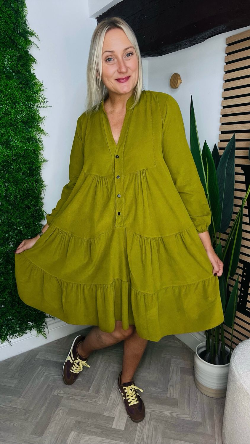 Corduroy Smock Dress - Chartreuse Green