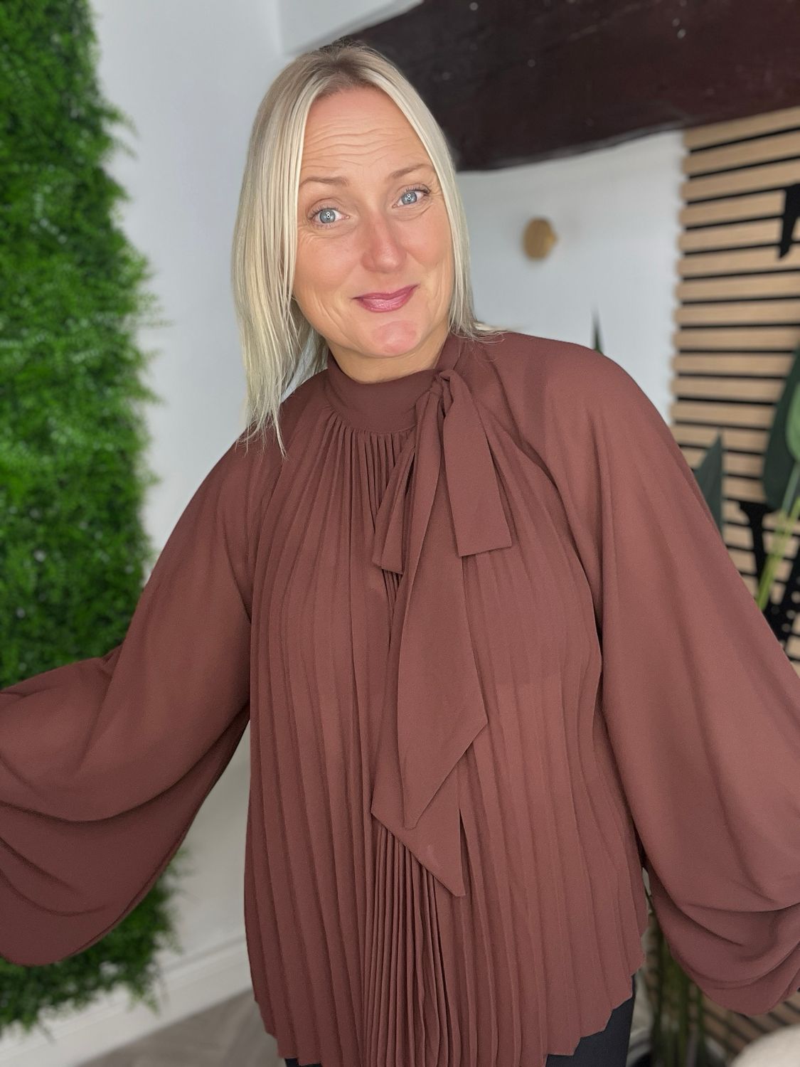 Pleated Blouse With Large Cuff Detail - Chocolate Pleated Blouse With Large Cuff Detail - Chocolate