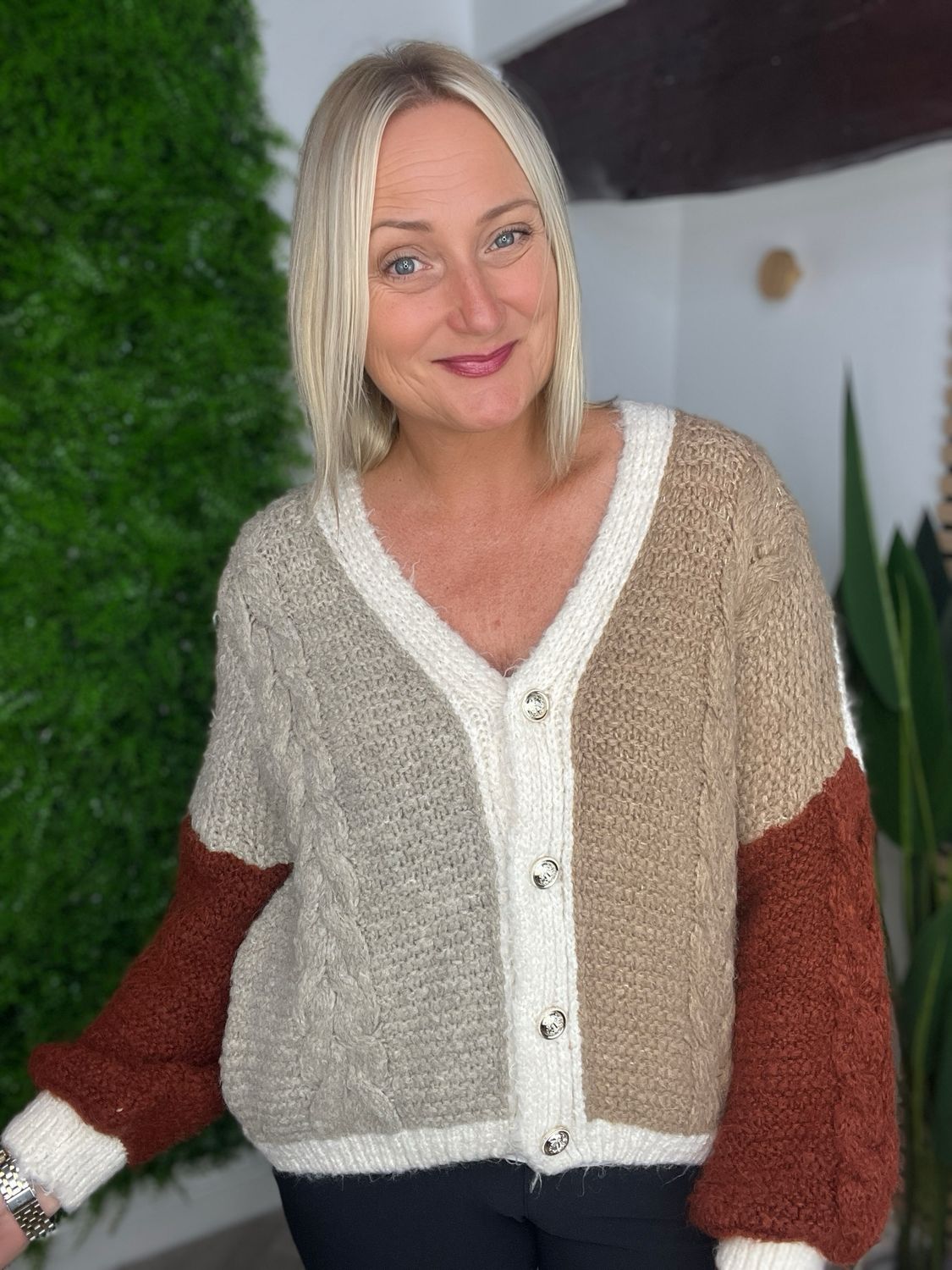 Chunky Knit Cardigan - Rust & Taupe