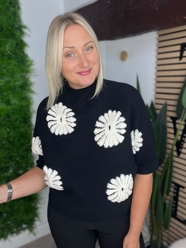 Funnel Neck Detailed Jumper - Black & Ecru