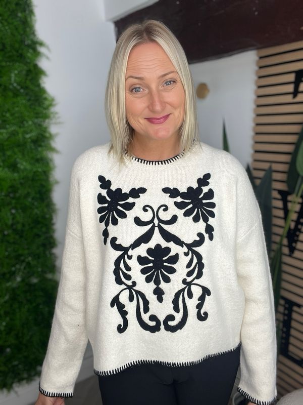 Blanket Stitch And Norse Pattern Jumper - Winter White