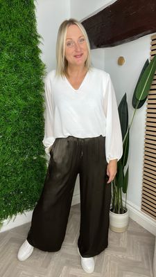Satin Feel Wide Leg Trousers - Chocolate