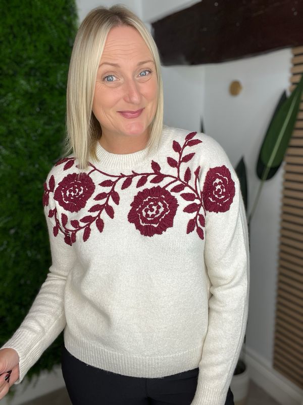 Embroidered Floral Jumper - Ecru & Wine