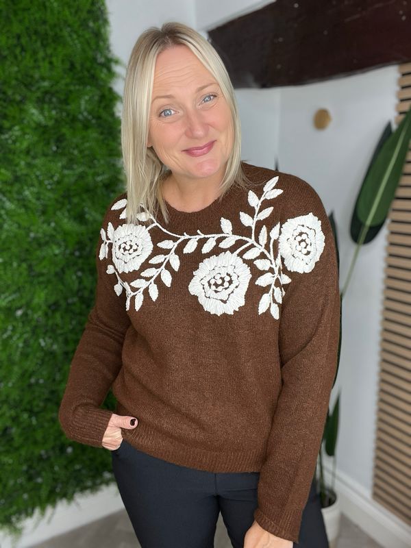 Embroidered Floral Jumper - Ecru & Chocolate