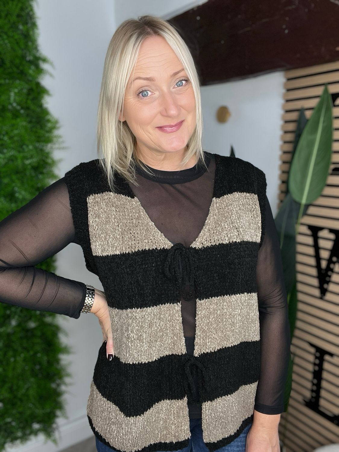 Stripe Tie Front Waistcoat - Black & Taupe