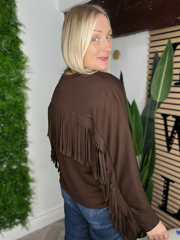 Fringe Sleeve Scuba Top - Chocolate