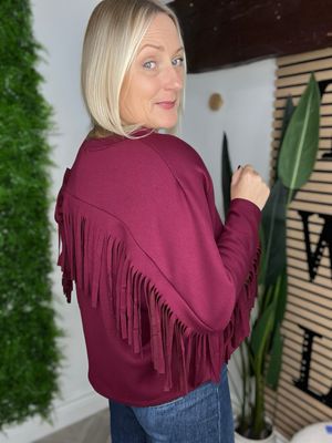 Fringe Sleeve Scuba Top - Wine
